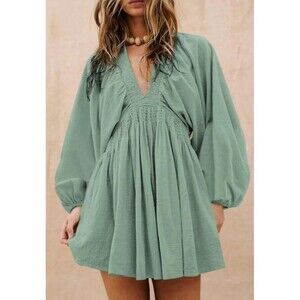 NWT Acelitt Mist Green Smocked Ruffle Bubble Sleeve Flowy Short Boho Dress M